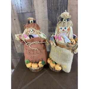 Scarecrow Fall Table Top 12" Burlap & Straw Halloween Pumpkin Corn Ghost Vtg